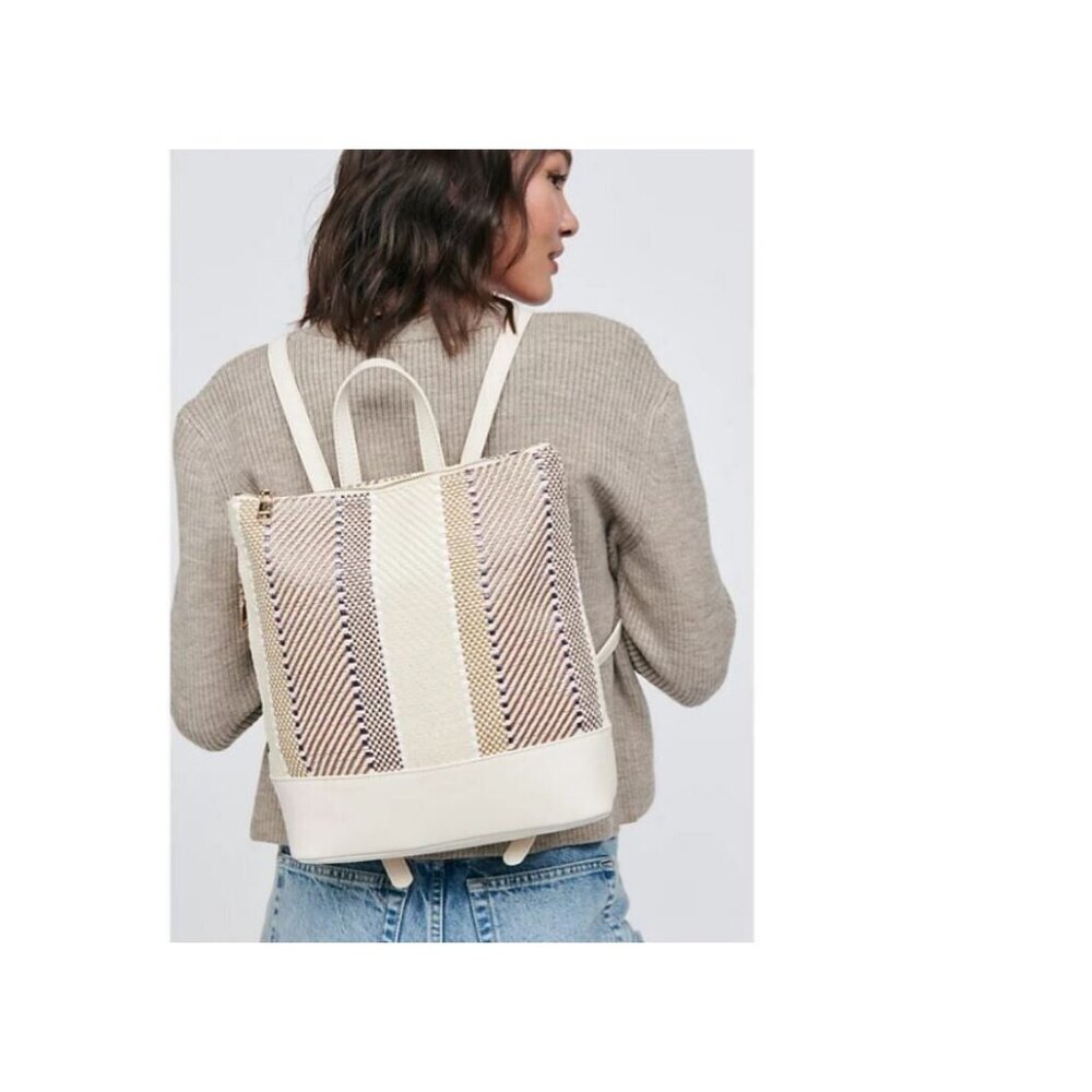 MODA LUXE Elina canvas faux-leather plaid women's small backpack -Natural (Used)